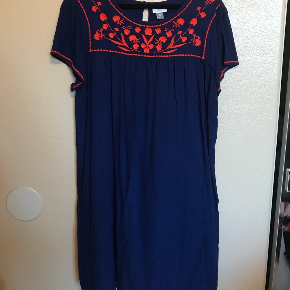 Old navy blue dress with orange design on top